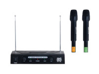 Sistema inalámbrico VHF de 2 canales. 2 micrófonos de mano inalámbricos + 1 receptor doble. 220-270 MHz.